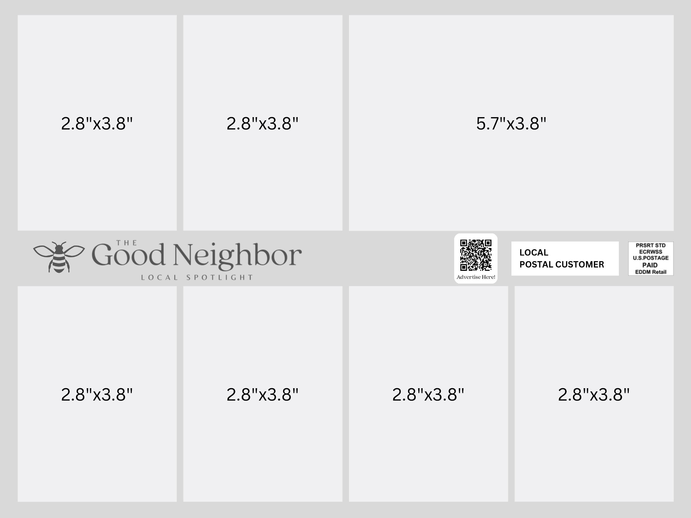 Sample mailer card layout showing 2.8 inch and 5.7 inch ad blocks